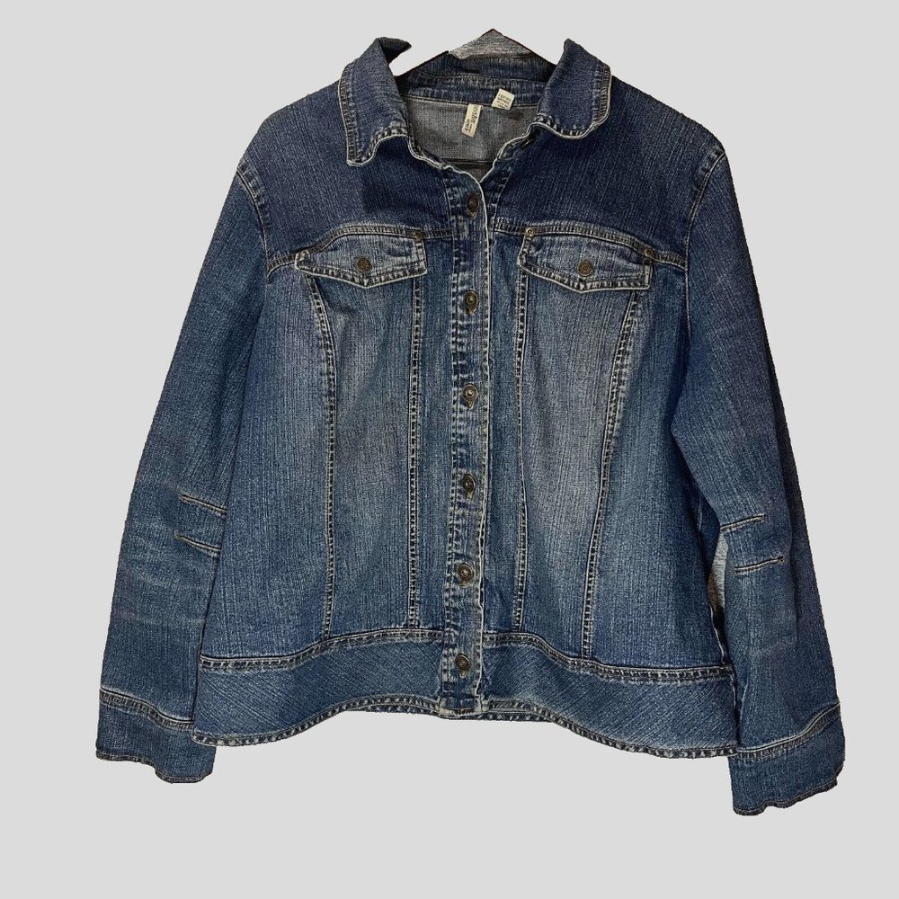 St John Bay Jean Jacket Women 1X Blue Pockets Denim Button Up Long Sleeve